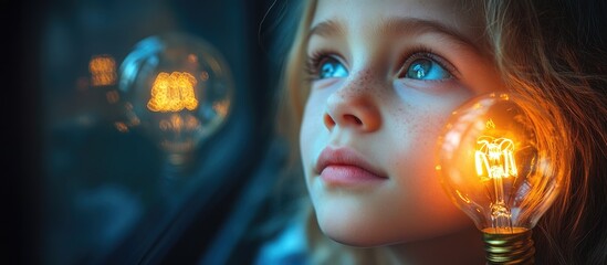 Inspiring child contemplating education with glowing light bulb symbolizing creativity and knowledge in transformative learning environment