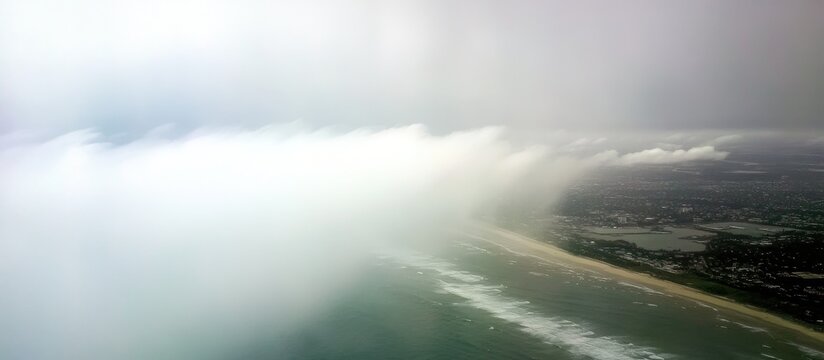 Fototapeta Aerial view of coastline and clouds seen through an airplane window showcasing stormy weather and ocean waves from above