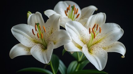 Fototapeta premium Elegant white lilies arranged harmoniously with a lush green stem, contrasting vividly against a deep black background, floral, nature, still life, botanical beauty.