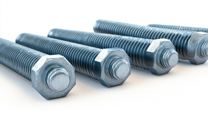 Stainless steel bolts arranged in a row on a white background showcasing industrial hardware and fasteners for construction and engineering use.