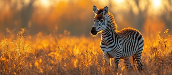 Obraz premium Zebra standing in a golden grass field at sunset showcasing its unique stripes against a vibrant natural backdrop.