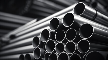 Stack of steel pipes in monochrome with selective focus highlighting construction materials and industrial design for modern architecture projects