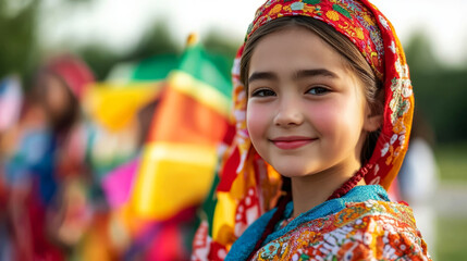 Fototapeta premium Joyful Young Girl in Colorful Traditional Attire at Cultural Festival Smiling with Happiness