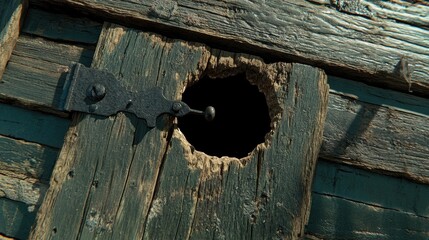 Weathered wooden fence door featuring a metal latch and a prominent circular hole, showcasing rustic charm and aged details.