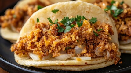 Stuffed Arepas with savory filling and onions garnished with fresh herbs presented on a stylish black plate