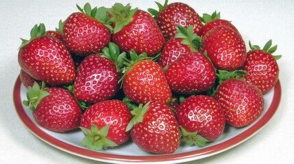 Freshly harvested strawberries arranged decoratively on a white plate showcasing their vibrant color and natural texture.