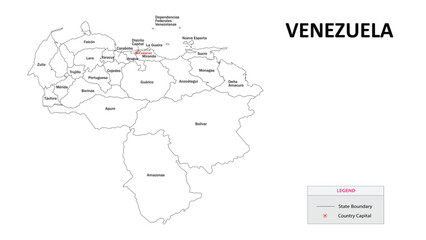 Venezuela Map. State and district map of Venezuela. Administrative map of Venezuela with states and boundaries in white color.