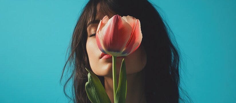 Woman holding a pink tulip in front of her face against a vibrant blue backdrop capturing a romantic and serene mood in studio photography