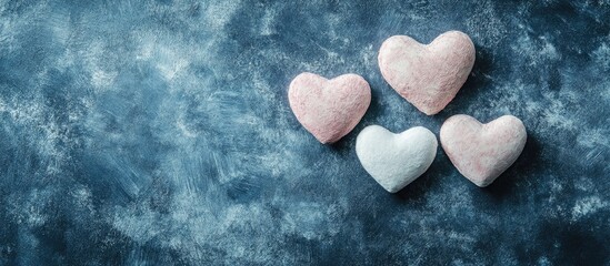 Obraz premium Colorful heart-shaped candies on a textured blue background representing love and affection for Valentine's Day celebrations.