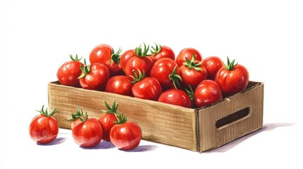 Illustration of a pile of ripe tomatoes overflowing slightly from a rustic cardboard box, dynamic composition on white