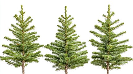 Obraz premium Spruce pine trees arranged in a row with a clean white background showcasing their lush green branches and symmetrical shape