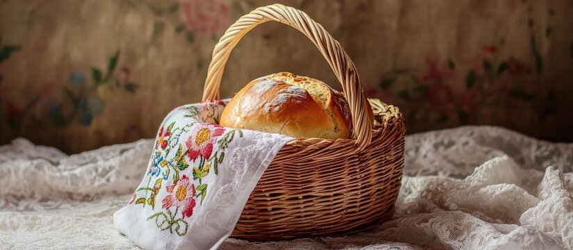 Orthodox Easter wicker basket with bread roll and embroidered towel resting on a vintage lace tablecloth against a floral backdrop