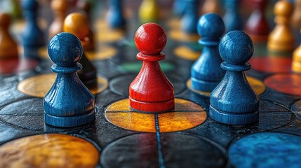 Teamwork concept with colorful board game meeples emphasizing collaboration and strategy in a playful environment