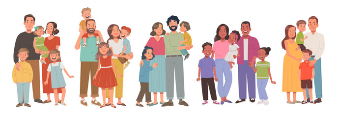 Set of different multicultural families. Mom dad son and daughter. Family portraits collection. Parents and children. Vector illustration