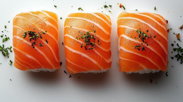 Vibrant yamroll sushi with layers of fresh orange salmon on a white background, garnished with green herbs, food photography, culinary, Japanese cuisine, gourmet presentation.