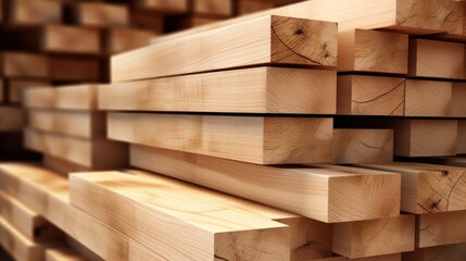 Stack of wooden planks in a woodworking industry setting showcasing raw materials for carpentry and construction projects.
