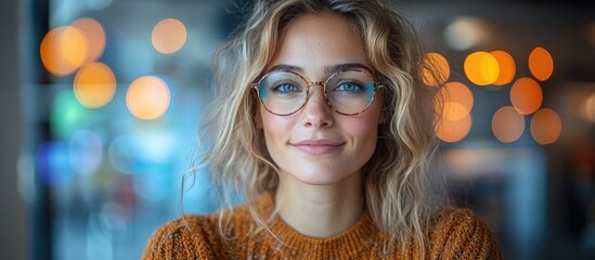 Woman with glasses smiling in optometry store exploring eyewear quality and options showcasing eye care and vision support products
