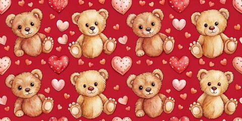 Obraz premium Cute Teddy Bears and Hearts Watercolor Pattern for Valentine's Day Textile and Wallpaper Design, Perfect for Cards, Wrapping Paper, and Romantic Decor with Red Background