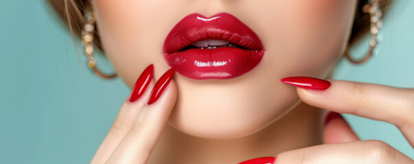Obraz premium Close-up of Red Lips and Manicured Nails