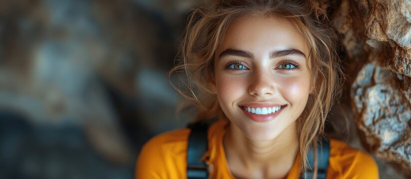 Joyful woman in adventure park gearing up for zipline experience under sunny skies smiling with excitement and thrill for outdoor activities