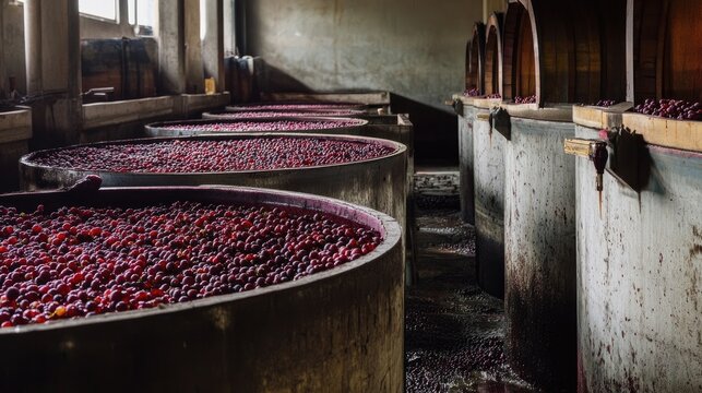 Old concrete fermentation tanks filled with red grapes for winemaking in a rustic winery showcasing traditional grape sorting and crushing methods.