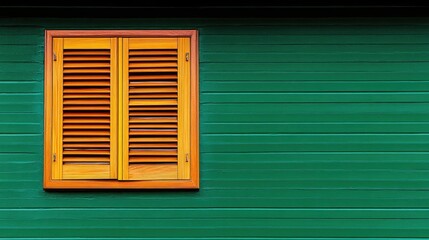 Brightly colored wooden shutters on a green wall highlighting contemporary architecture and design features of modern windows.