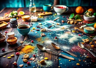 Dark Messy Tabletop with Sugar Stains and Spills: A Tilt-Shift Photography Perspective for Artistic Kitchen Imagery