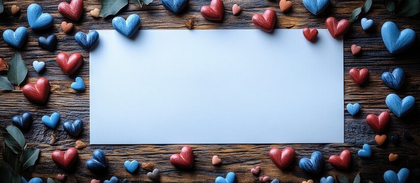 Blank white paper framed by colorful hearts on a rustic wooden background ideal for love notes or heartfelt messages