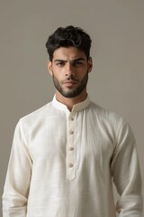 Fototapeta premium A male model wearing a casual kurta with contrasting color accents, against a solid taupe background, representing a stylish yet comfortable look.