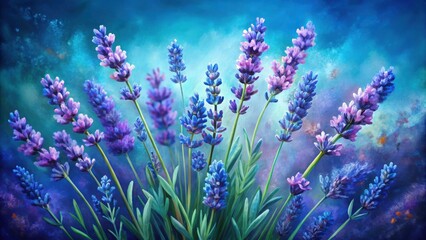 A whimsical painting of lavender flowers with a soft, ethereal blue background. The flowers are arranged in a loose bouquet, with their delicate purple blooms reaching up towards the sky.