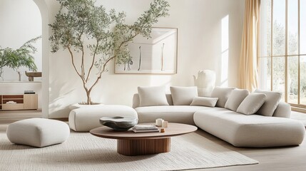 Japandi-inspired space with clean lines, soft curves, and natural light enhancing the minimalist furniture
