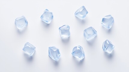 Ice cubes scattered on a clean white surface for refreshing beverage backgrounds or cooling concepts
