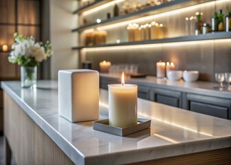 Fototapeta premium Decorative White Candle and Box in Neutral Tones on a Minimalist Bar Counter for Elegant Home Decor Inspiration