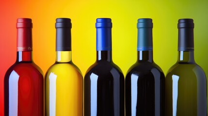 Wine bottles in a row against a vibrant gradient background of red, yellow, and green, highlighting different varietals and colored caps, beverage, elegance, colorful display.