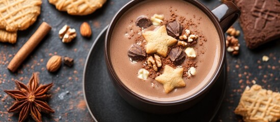 Fototapeta premium Mug of cocoa with cookie toppings nuts and spices styled on a cozy table setting viewed from above