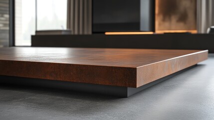 Rusty steel surface with concrete floor texture in contemporary interior setting close up view