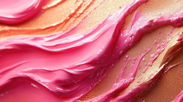 Pink gold lip gloss texture abstract smear swatch on golden background showcasing cosmetic product design and elegance in beauty applications