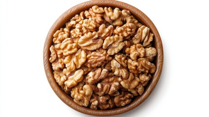 Top view of a wooden bowl filled with whole walnuts in their shells, on a clean white background, highlighting texture and natural colors, food, healthy snack, organic.