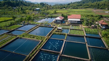 Fish farming and agricultural fields in a scenic landscape under clear skies