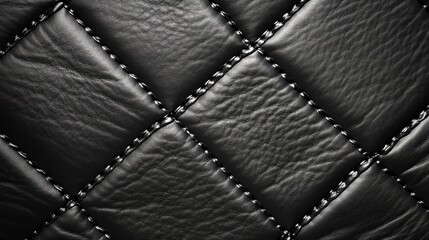 Close up of luxurious black leather texture with diamond pattern and contrasting white stitching for elegant design themes