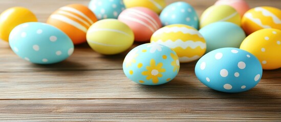Colorful decorated Easter eggs scattered on a wooden surface creating a festive spring atmosphere for holiday celebrations