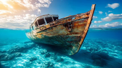 Obraz premium Abandoned Rusty Boat Underwater in Clear Blue Ocean Captured in Stunning Natural Light