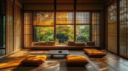Fototapeta premium Japandi interior design with large windows, wooden blinds, and an open-plan seating area featuring earthy tones