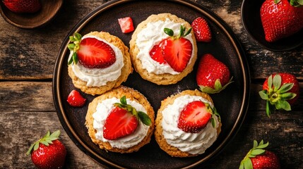 Overhead view of freshly baked strawberry shortcake scones topped with whipped cream and fresh strawberries on a rustic wooden table