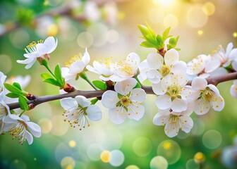 Obraz premium Delicate White Plum Blossoms in Early Spring with Bokeh Effect, Perfect for Nature Banners and Seasonal Themes, Showcasing the Beauty of Prunes in Blooming Splendor
