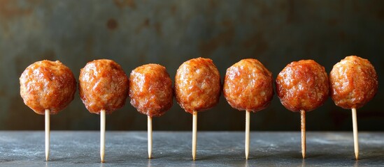 Meatballs on skewers transformed into delicious satay appetizers ready for serving and enjoyment.