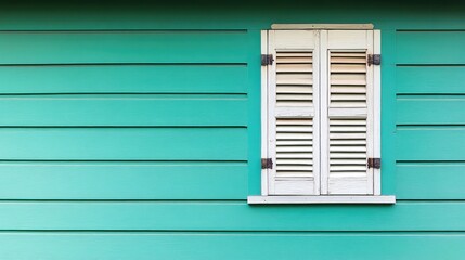 Fototapeta premium White shuttered window on a vibrant green wall with horizontal siding creating a fresh and modern exterior aesthetic.