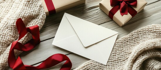 Blank greeting card mockup with envelope red ribbon and gift box on wooden table in flat lay arrangement creating a cozy atmosphere