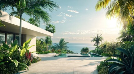 Fototapeta premium A sophisticated luxury lifestyle background with a modern mansion, lush gardens, and a view of the ocean.