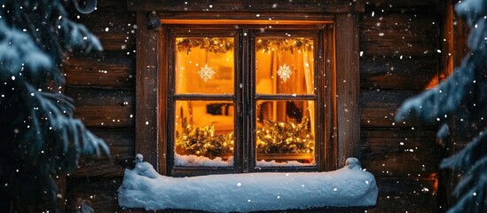 Charming wooden home window decorated for Christmas with warm lights and snow ambiance